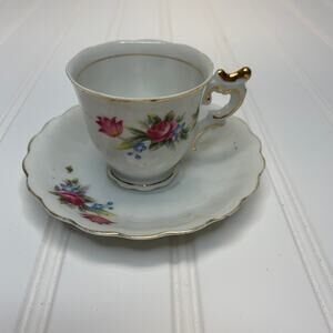 Demitasse Vintage Tea Cup Set Made in Occupied Japan Pink Roses Gold Trimmed